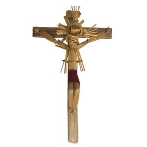 Woven Straw Raffia Folk Art‎ Brutalist Cross Crucifixion Jesus Christ on Cross